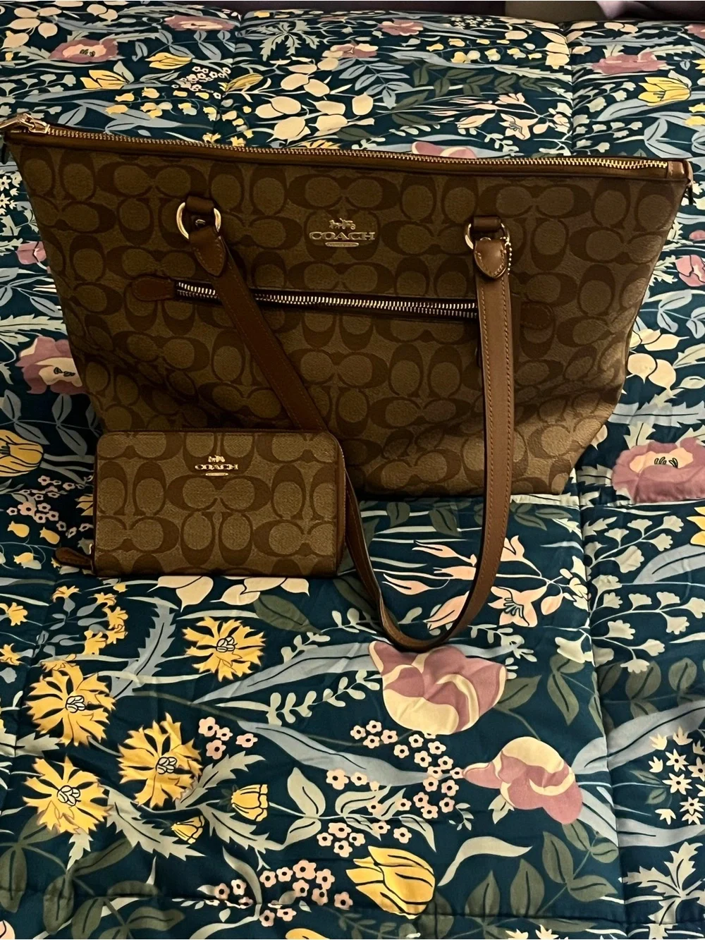 Coach Brown Signature Canvas Tote with Matching Wallet